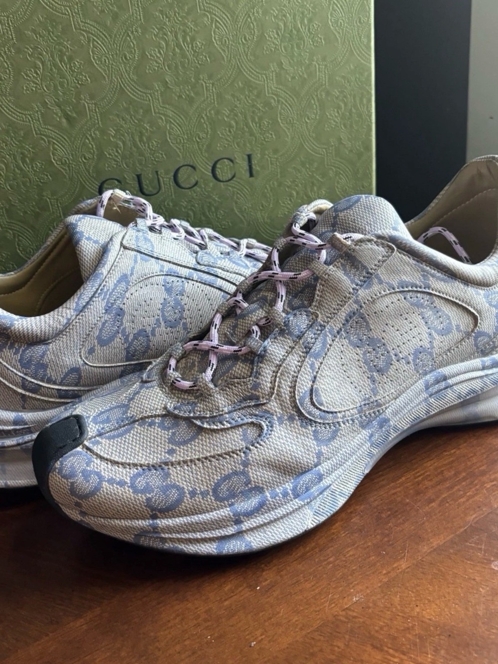 NEW GUCCI MEN'S BEIGE BLUE GG GUCCISSIMA PRINT RUN SNEAKERS SHOES GG10